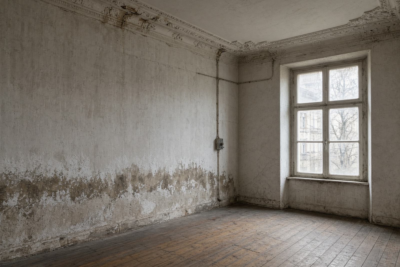 Hoher Altbau-Raum mit Feuchtesaum und Salzausblühungen über der Scheuerleiste