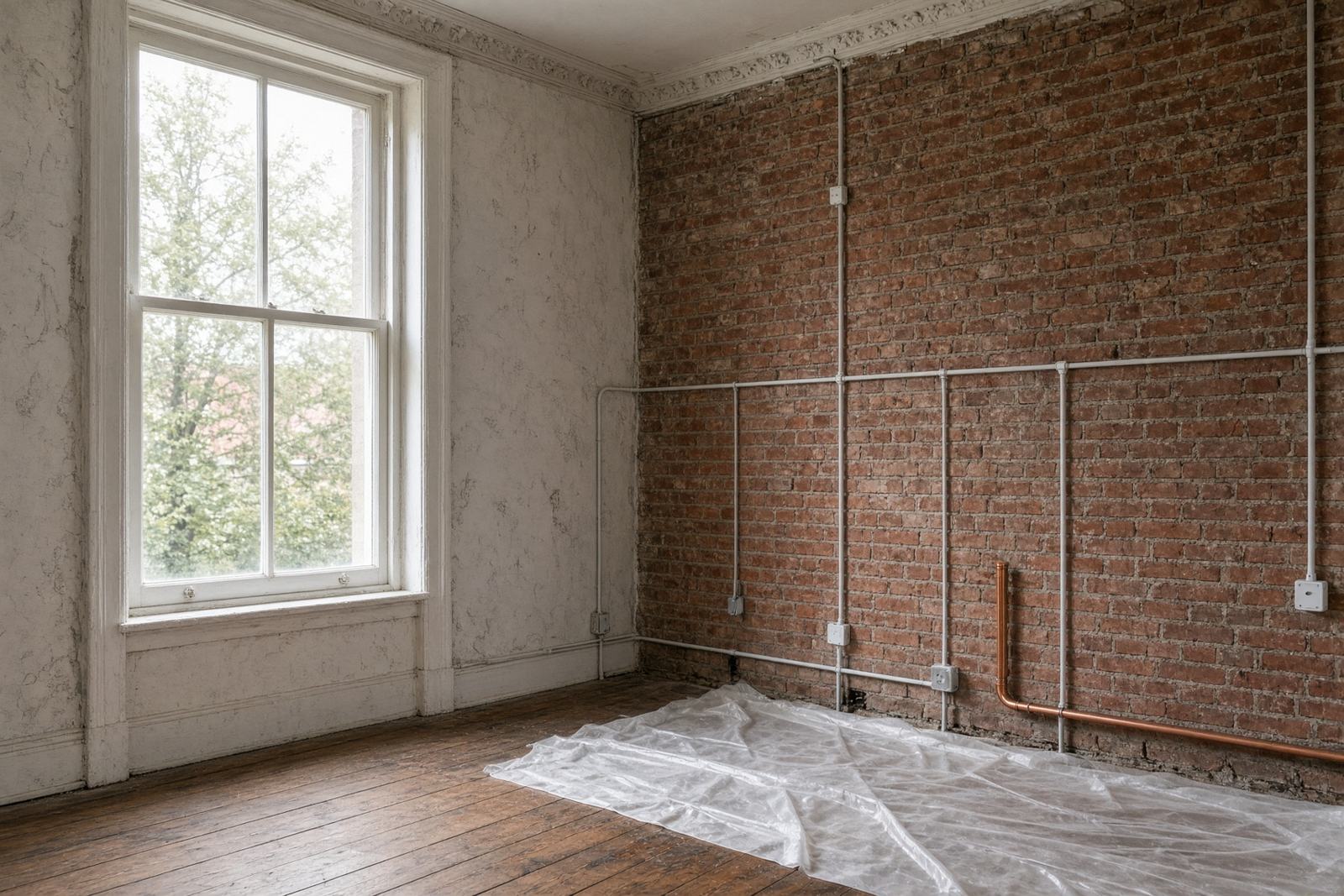 Hoher Raum während der Rohinstallation: eine Wand auf Mauerwerk, neue Leitungen, noch ohne fertige Oberfläche